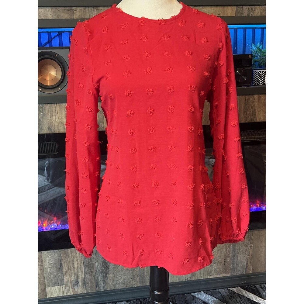 Fantaslook Red Textured Long Sleeve Top, Size Small